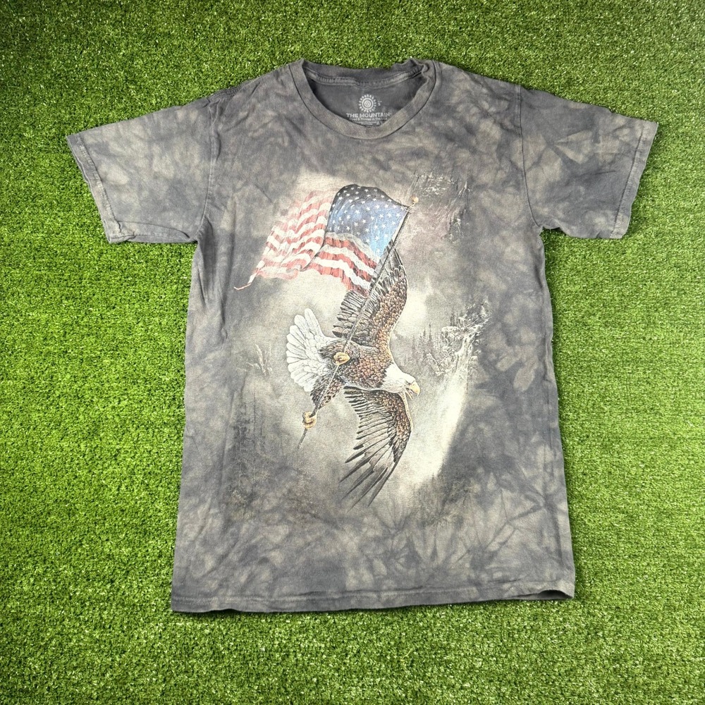 The Mountain American Flag Bald Eagle Tie Dye Graphic T-Shirt Grey Small